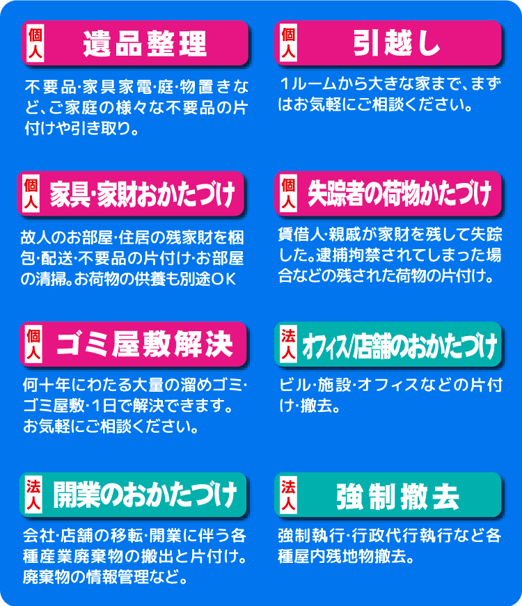 こんなときはぜひ、エコ活サービスにお電話ください！遺品整理、引っ越し、家具・家財おかたづけ、失踪者の荷物片付け、ゴミ屋敷解決、オフィス/店舗のお片付け、開業のお片付け、強制撤去